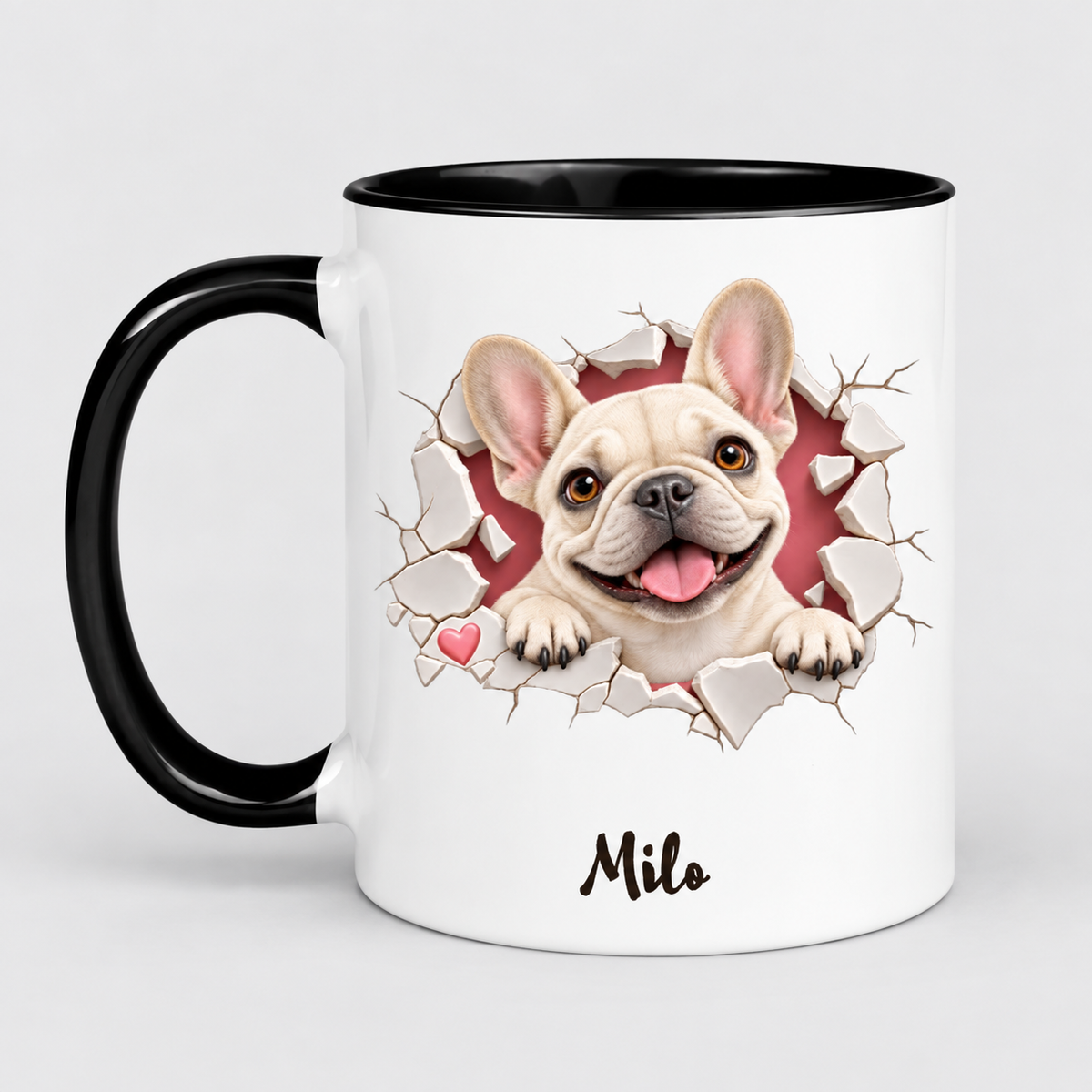 cream Frenchie personalized mug on the store's light gray studio background