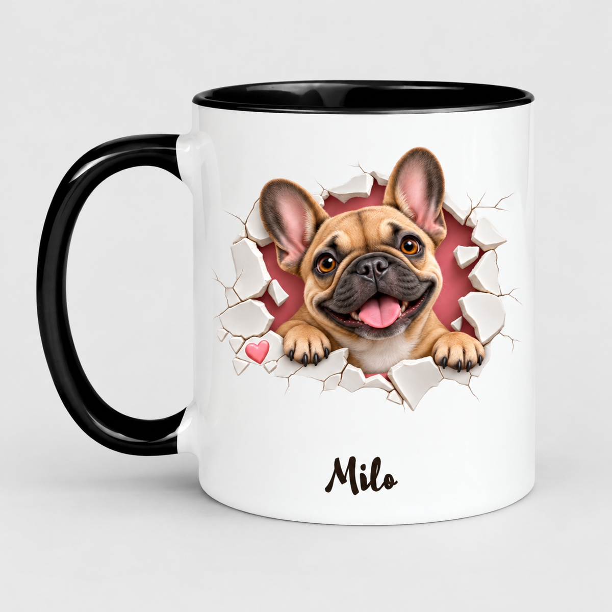 fawn Frenchie personalized mug on the store's light gray studio background