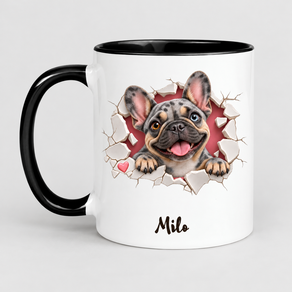 merle Frenchie personalized mug on the store's light gray studio background