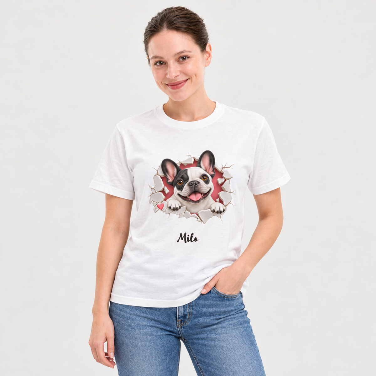 Approved model wearing the personalized pied Frenchie white T-shirt on a light gray studio background