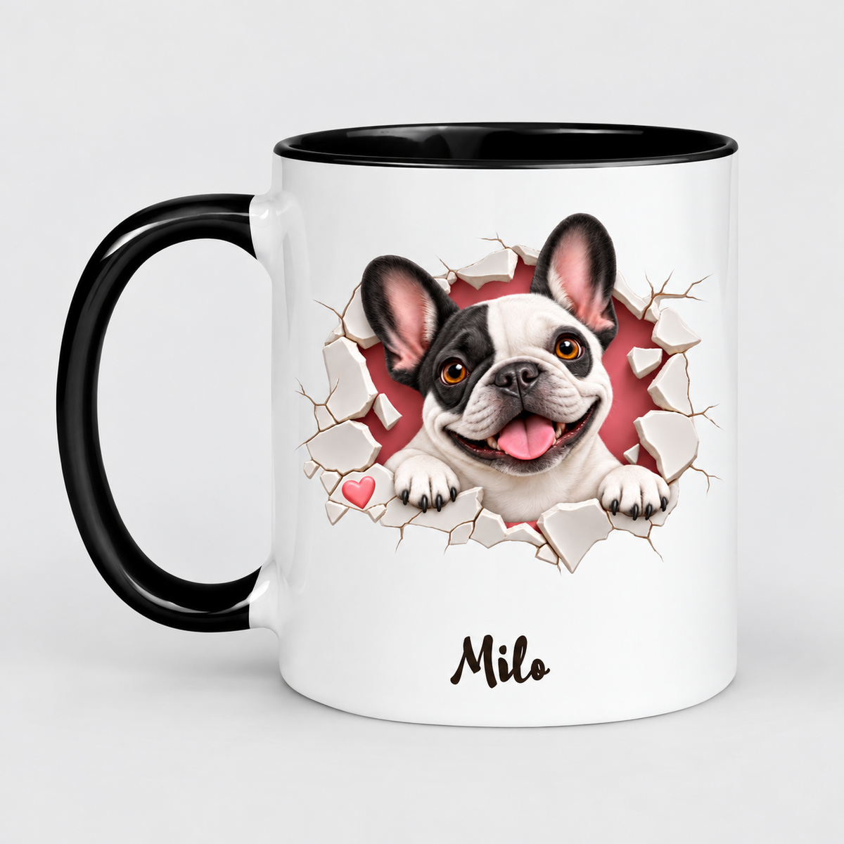 pied Frenchie personalized mug on the store's light gray studio background