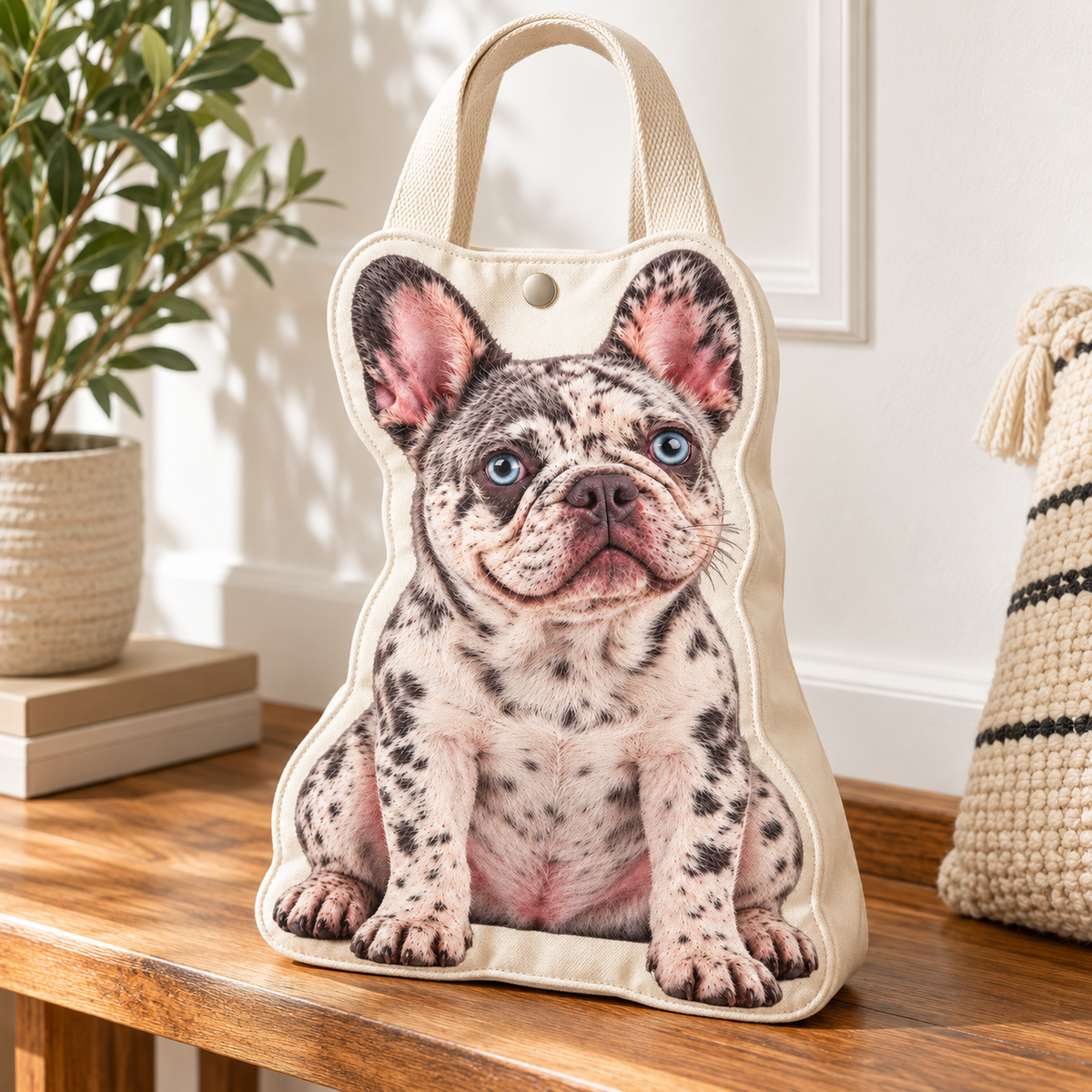 Example personalized French Bulldog photo canvas tote — your item uses your uploaded photo