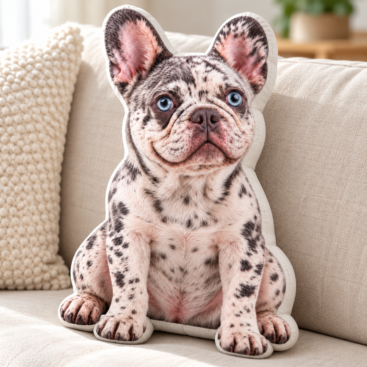 Example personalized French Bulldog photo die-cut pillow — your item uses your uploaded photo