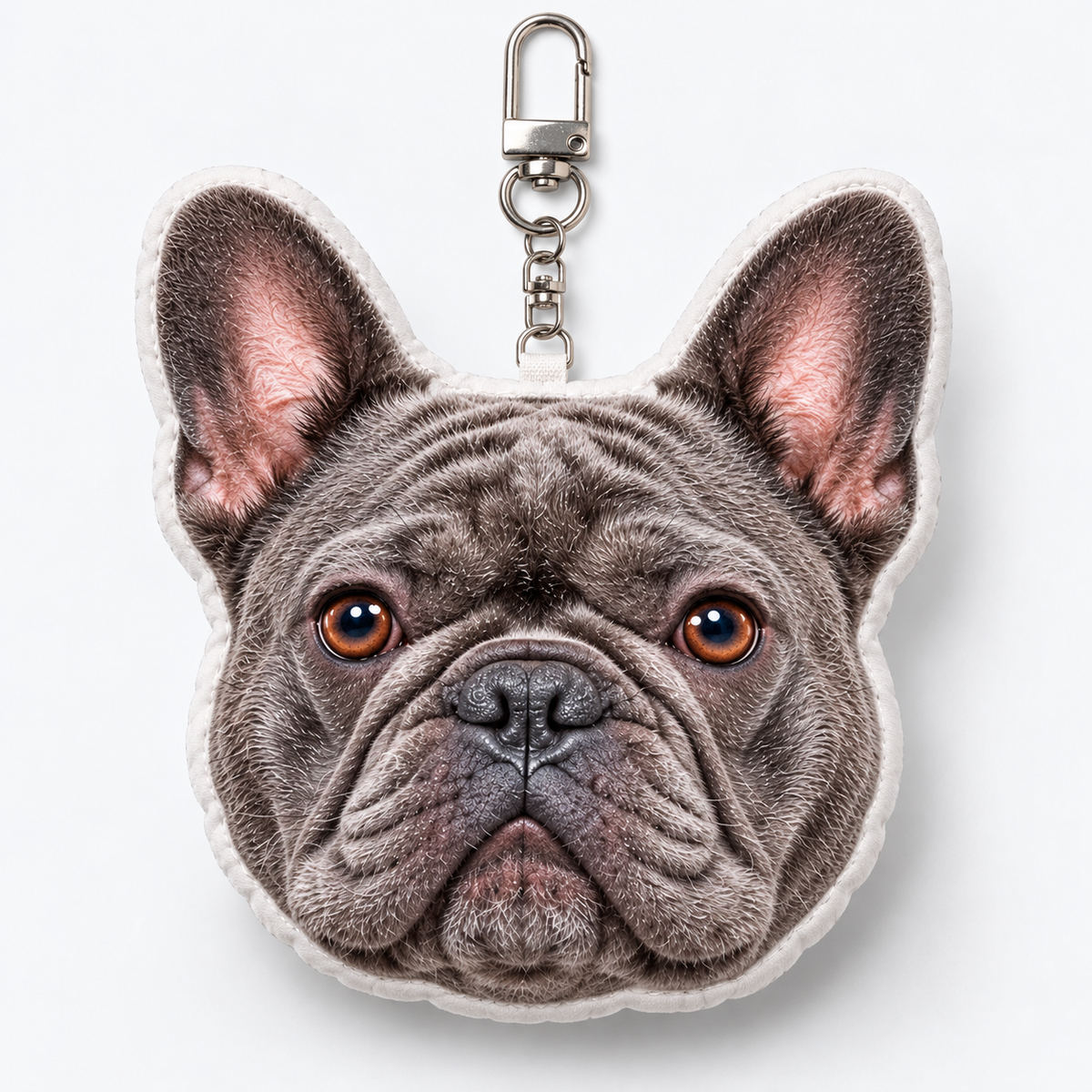 Example personalized French Bulldog photo plush keychain — your item uses your uploaded photo