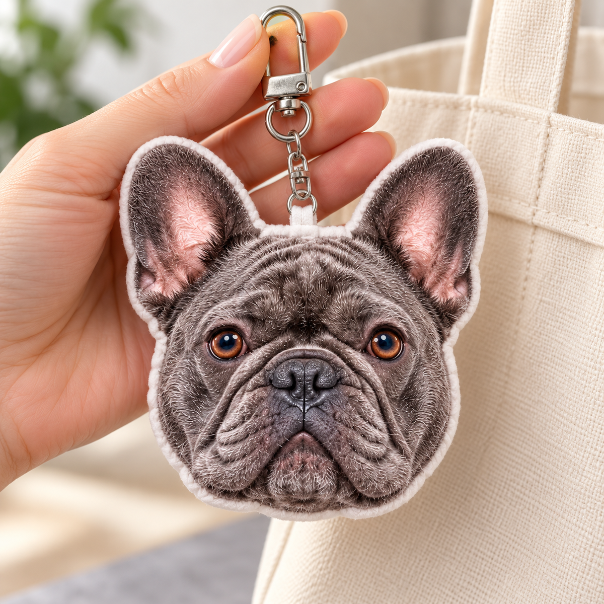 Example personalized French Bulldog photo plush keychain — your item uses your uploaded photo