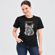Model wearing a black personalized Frenchie pencil portrait T-shirt with the example name CHARLIE