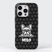 Personalized black paw print dual-layer phone case with peeking Frenchie and example name MILO