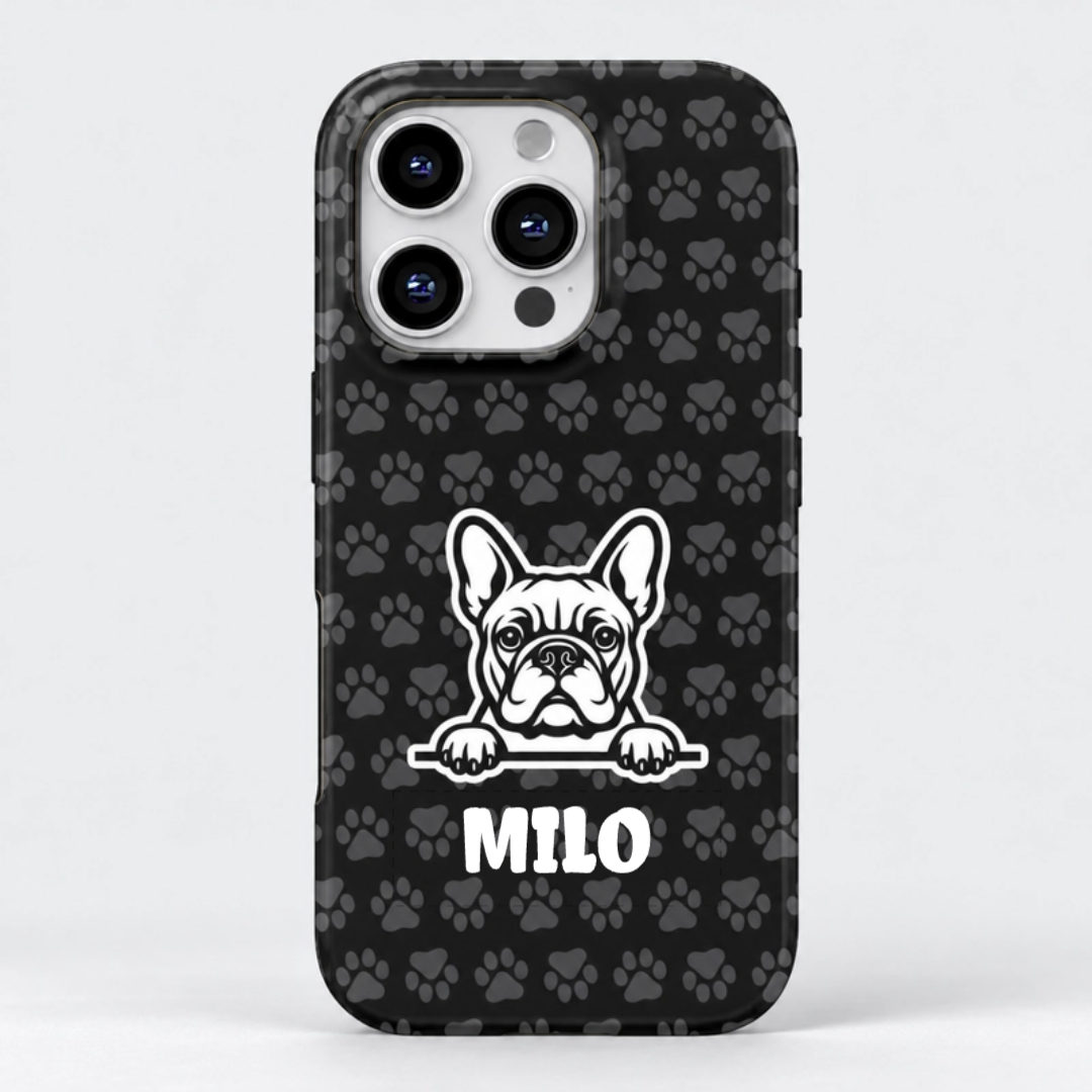 Personalized black paw print dual-layer phone case with peeking Frenchie and example name MILO