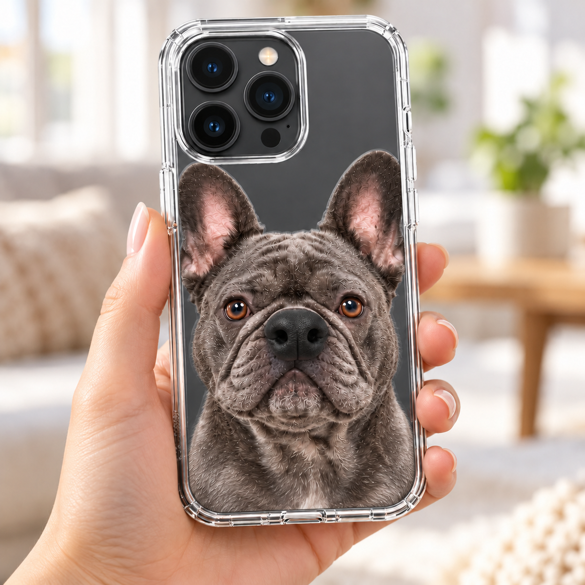 Example custom Frenchie photo clear phone case with raised black nose