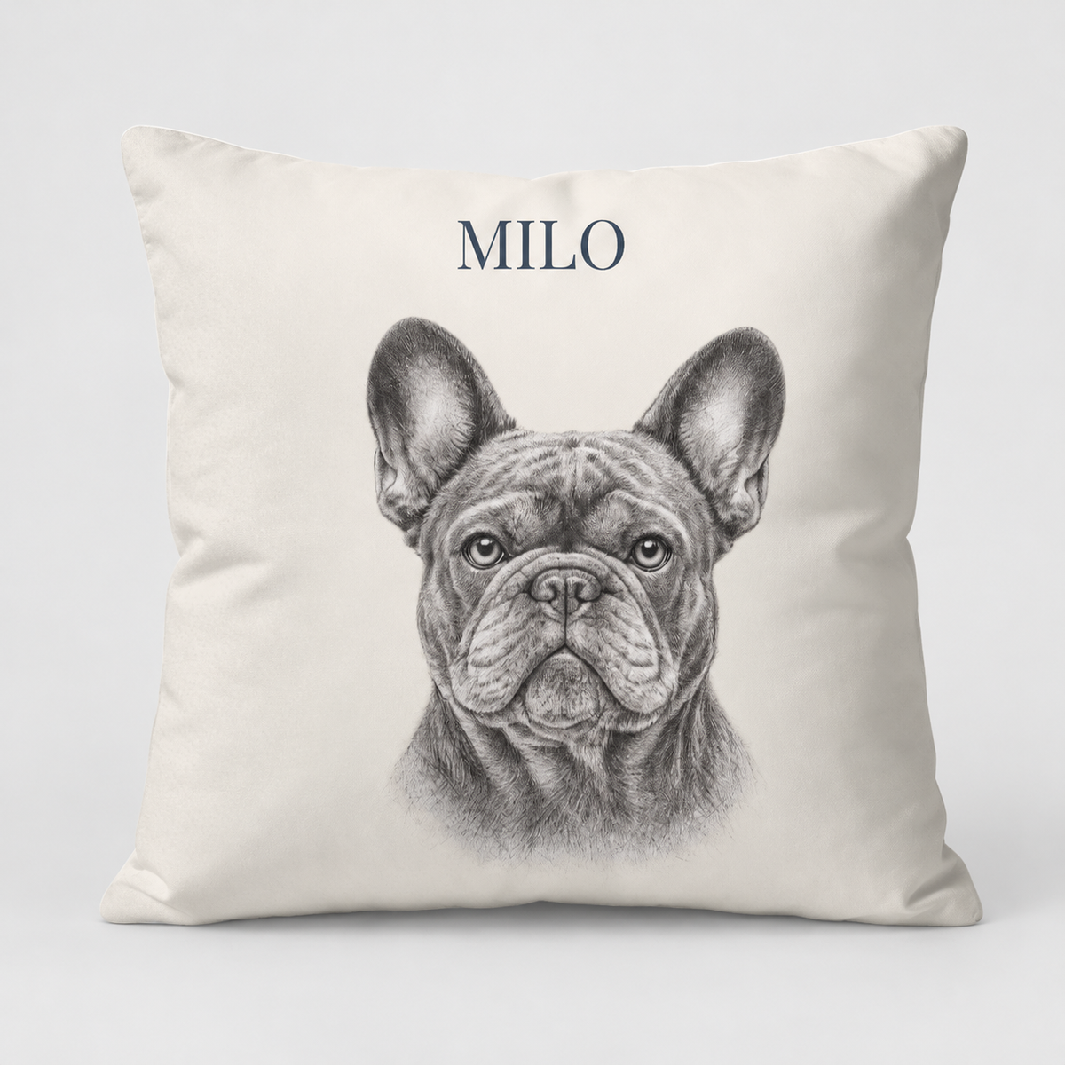 Sample personalized Pencil Frenchie pillow cover on light gray background