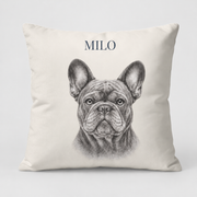 Sample personalized Pencil Frenchie pillow cover on light gray background