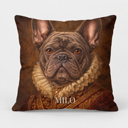 Sample personalized Royal Frenchie pillow cover on light gray background