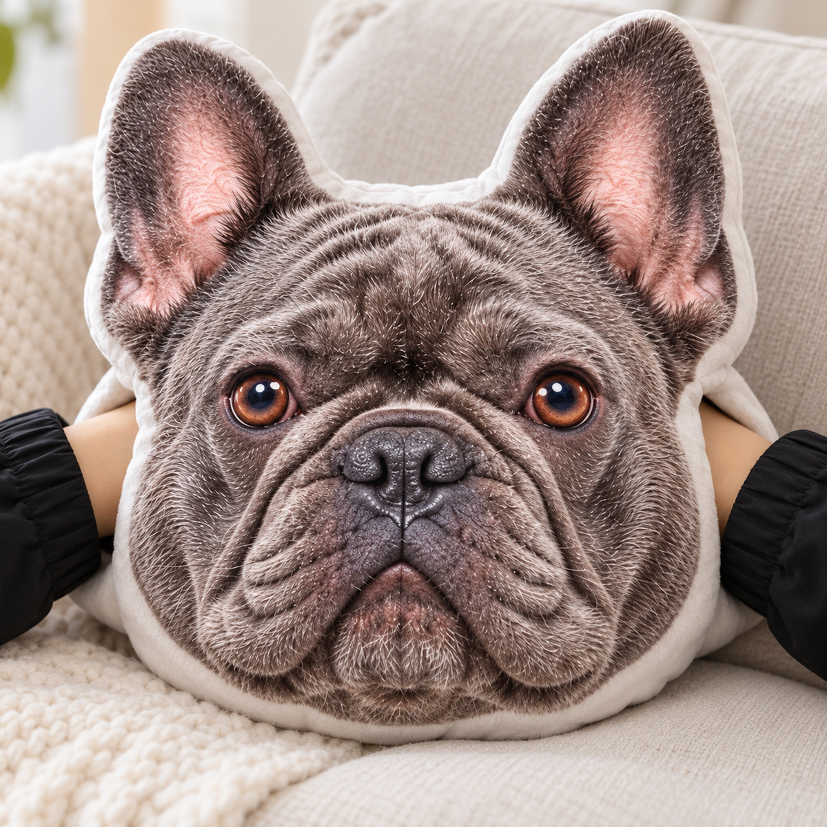 Example personalized French Bulldog photo hand-warmer pillow — your item uses your uploaded photo