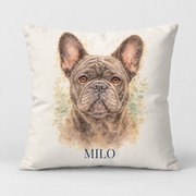Sample personalized Watercolor Frenchie pillow cover on light gray background