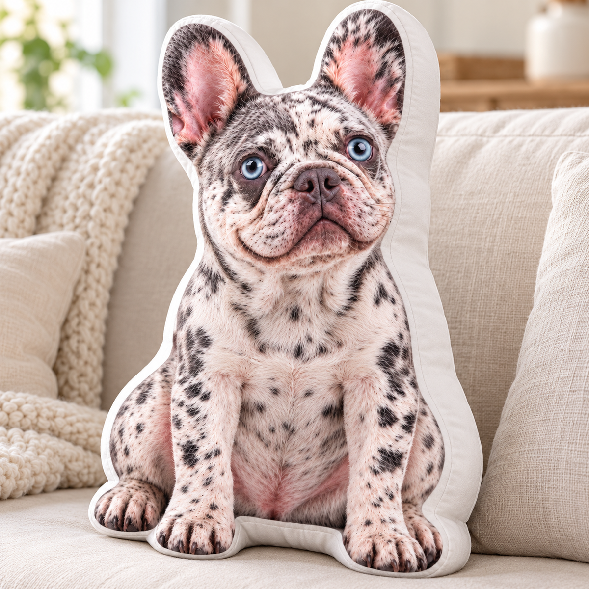 Example personalized French Bulldog photo 3D shaped plush pillow — your item uses your uploaded photo