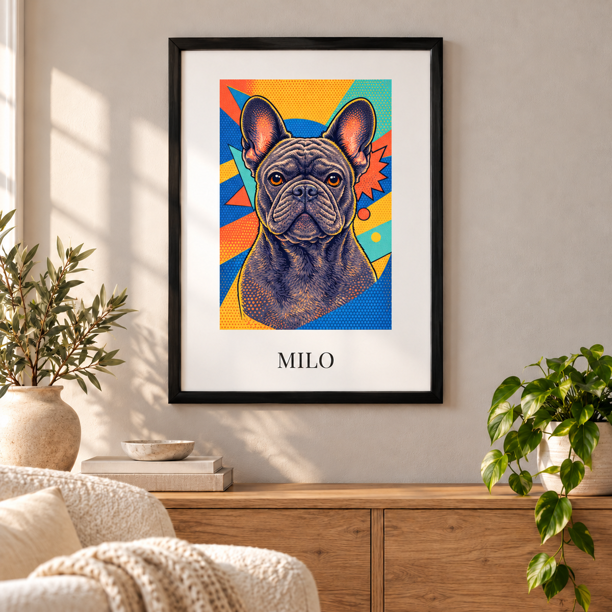 Personalized Frenchie pop-art framed poster displayed on a cozy living room wall