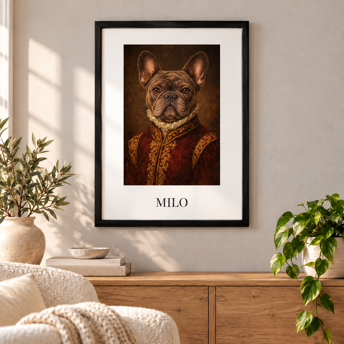 Personalized Frenchie royal-renaissance framed poster displayed on a cozy living room wall