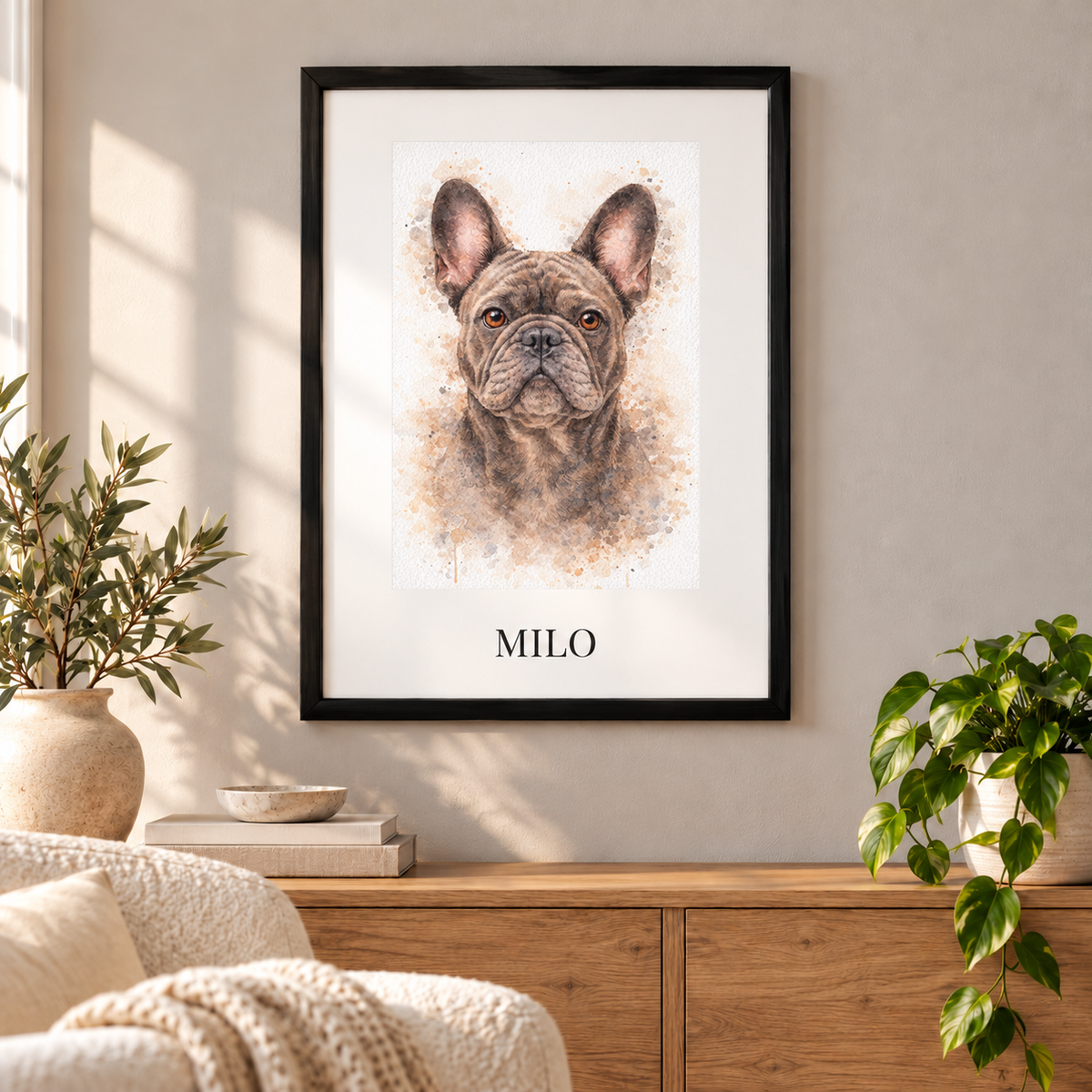 Personalized Frenchie watercolor framed poster displayed on a cozy living room wall