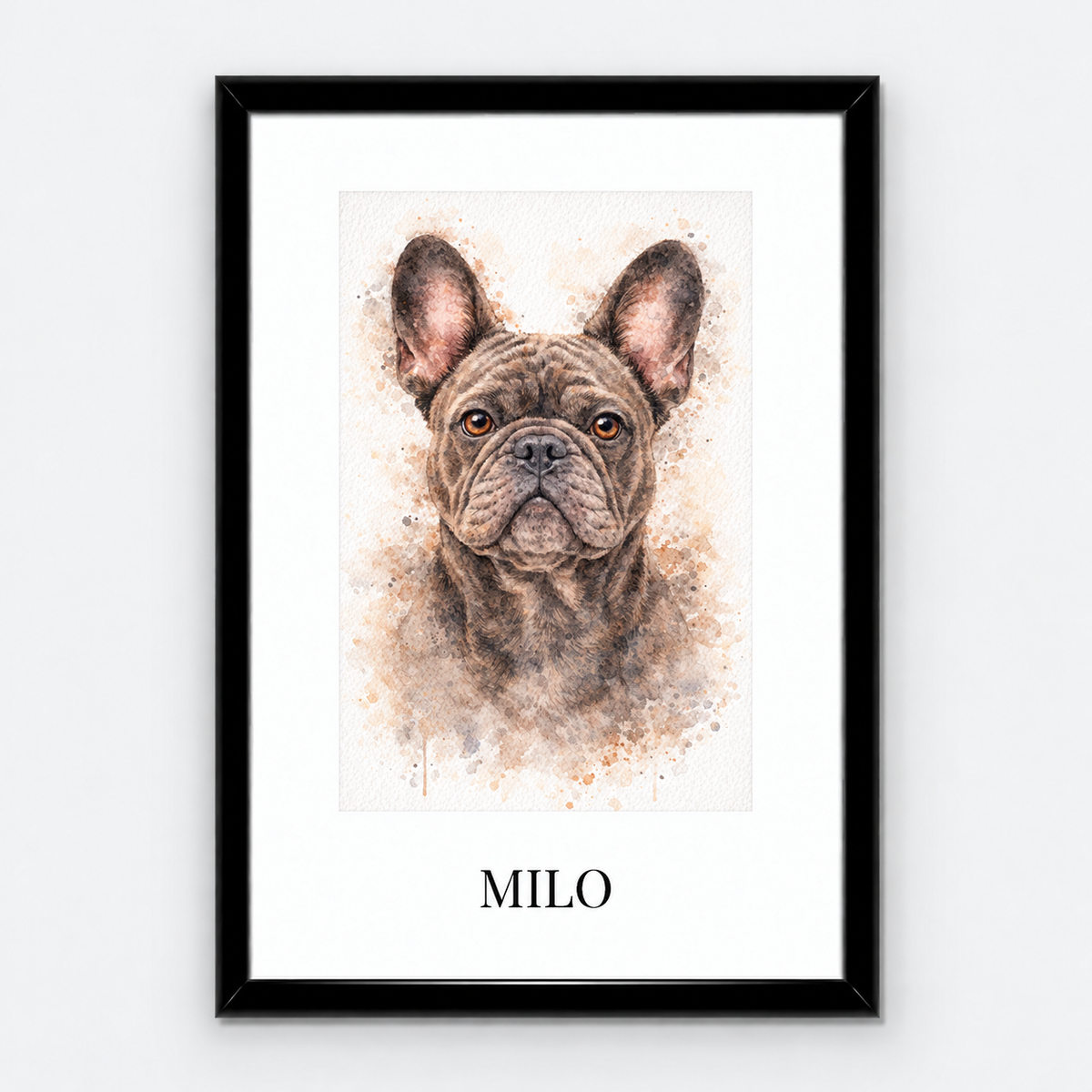 Personalized Frenchie watercolor framed poster on light gray studio background