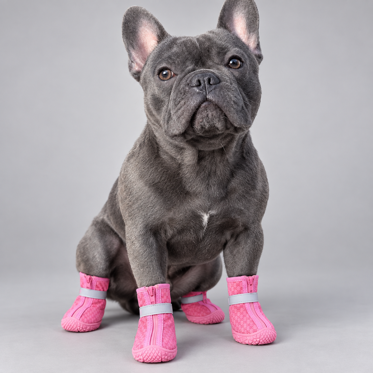 Blue French Bulldog seated in pink protective dog boots