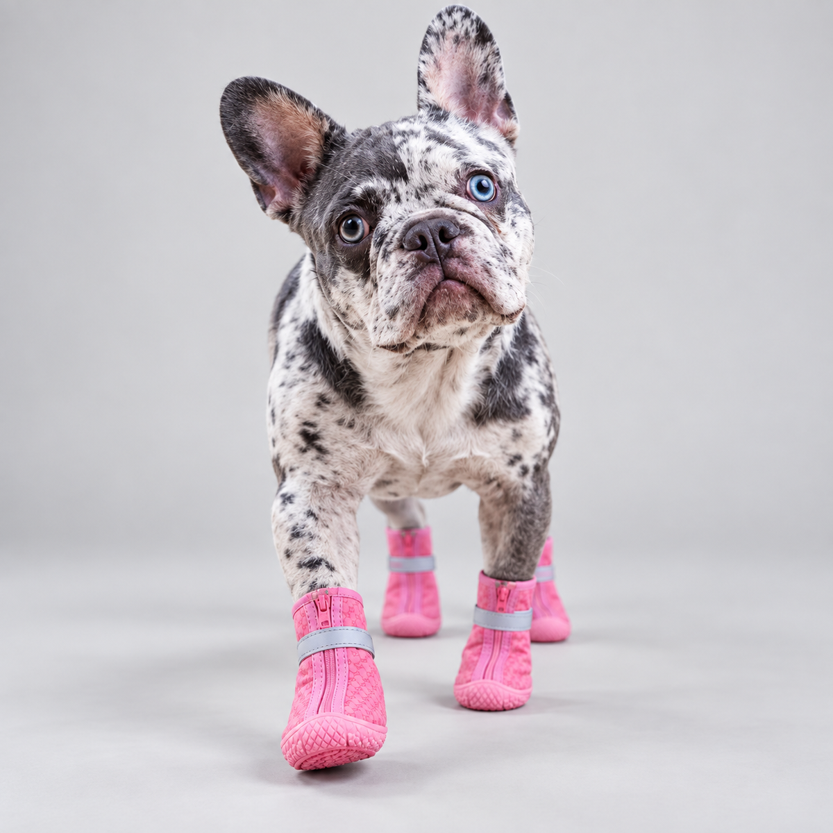 Merle French Bulldog walking forward in pink protective dog boots
