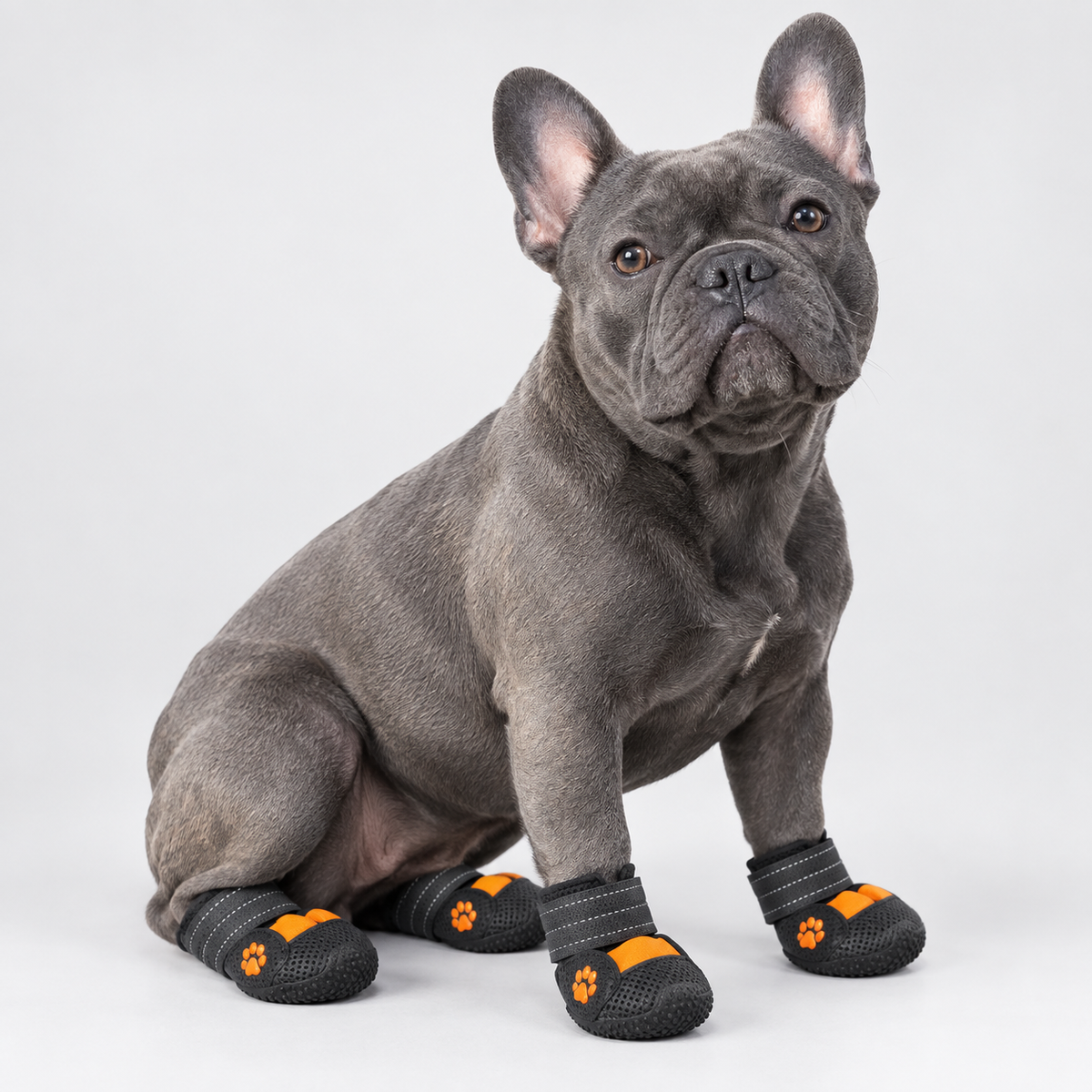 Seated blue French Bulldog wearing orange-accent PupLuxe reflective booties