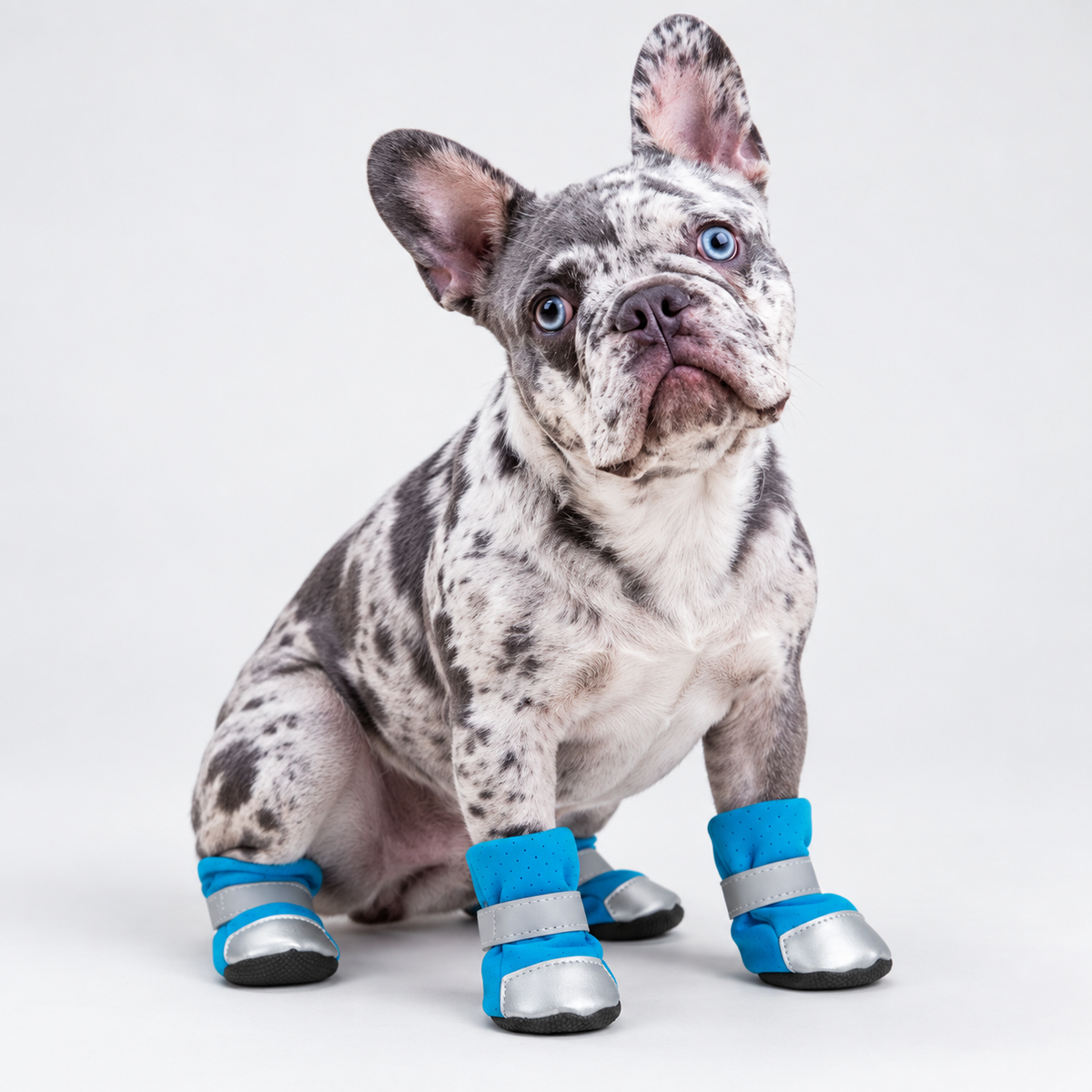 Merle French Bulldog wearing blue reflective winter boots