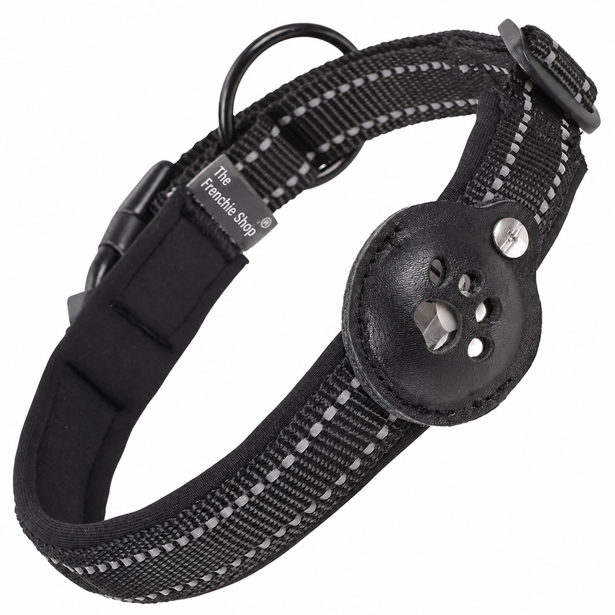 Reflective French Bulldog Collar with Tracker Holder — Black – Tracker Not Included product photo