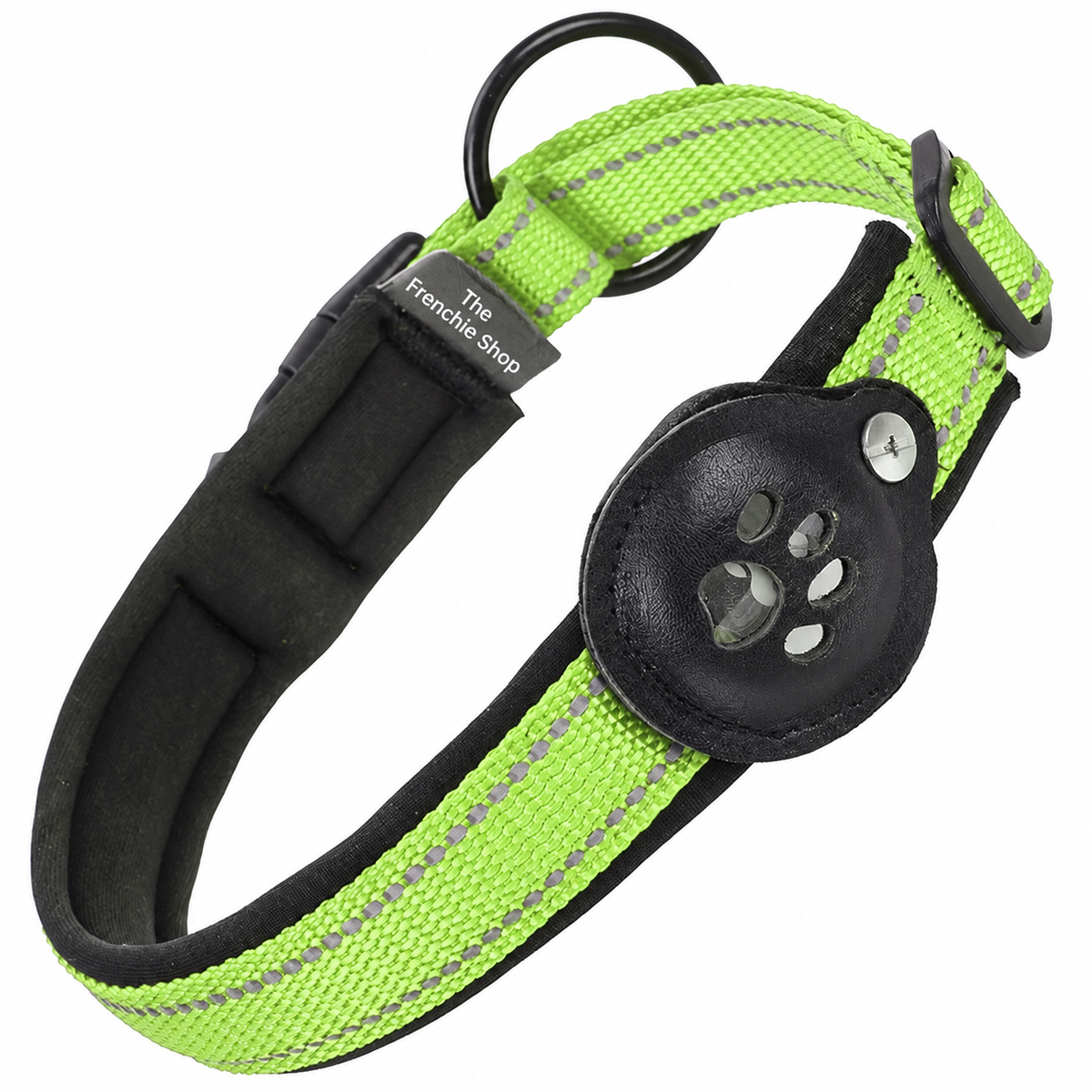 Reflective French Bulldog Collar with Tracker Holder — Green – Tracker Not Included product photo