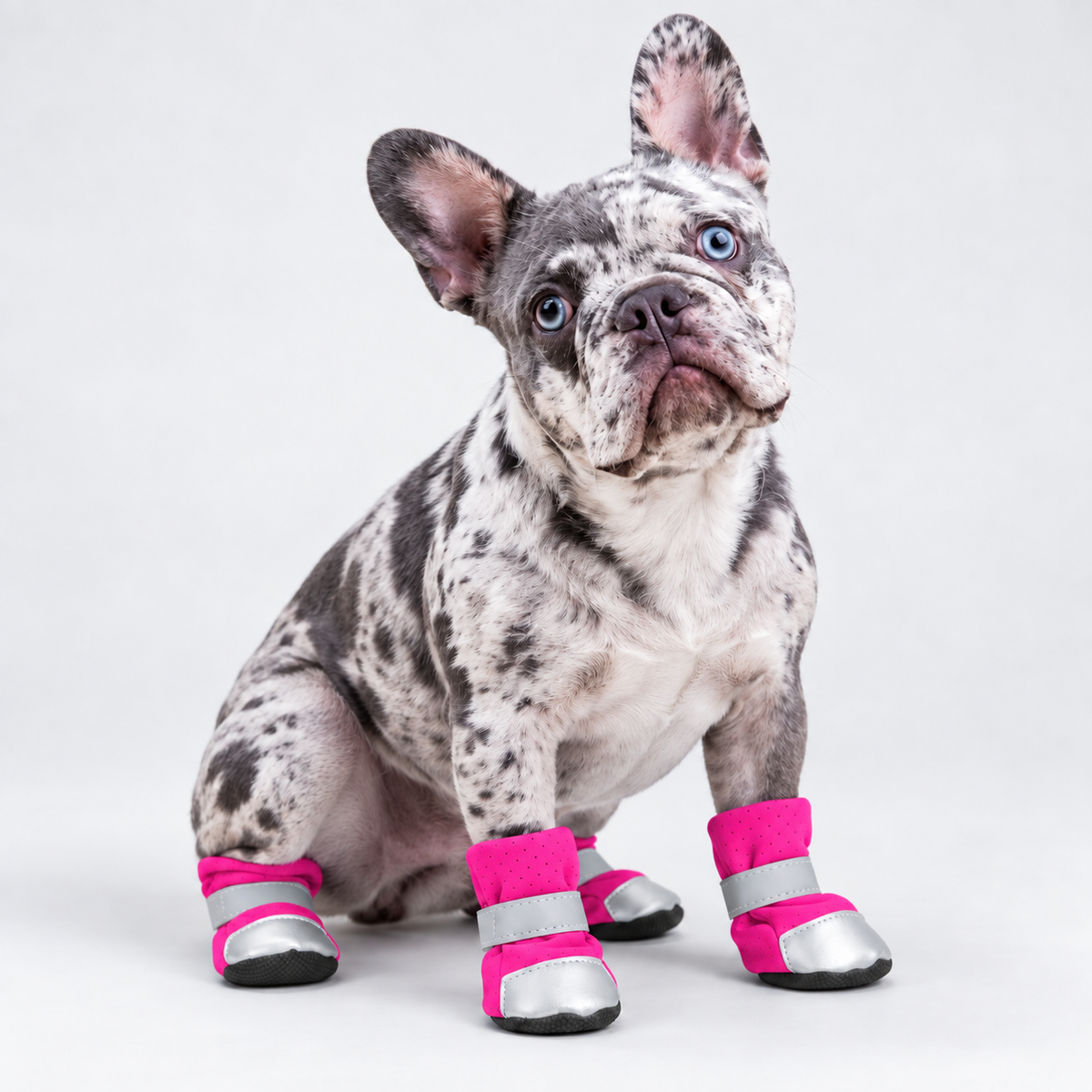 Merle French Bulldog wearing pink reflective winter boots