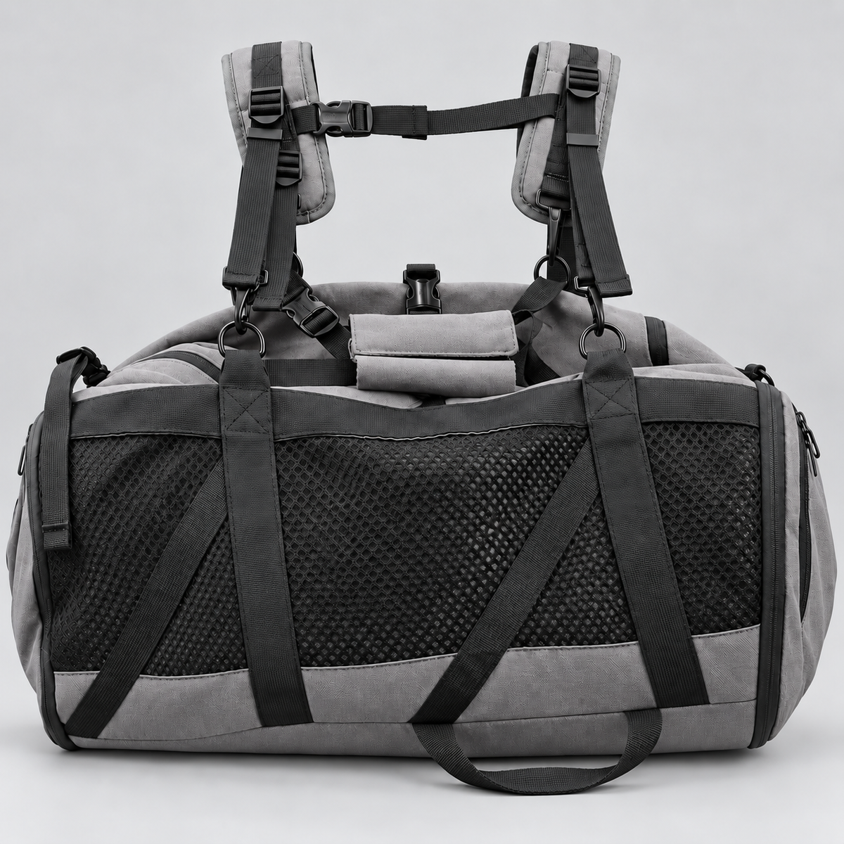 Resting Horizontal French Bulldog Backpack Carrier — Grey studio photo