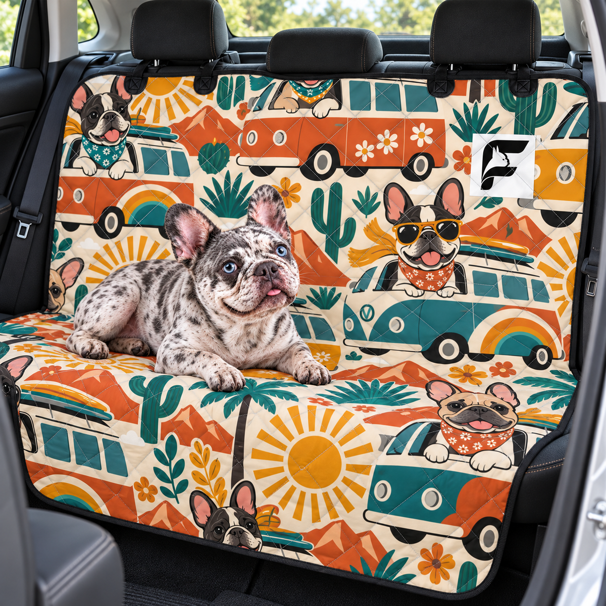 Retro Frenchie Road Trip Frenchie-pattern car seat protector installed across rear bench with French Bulldog