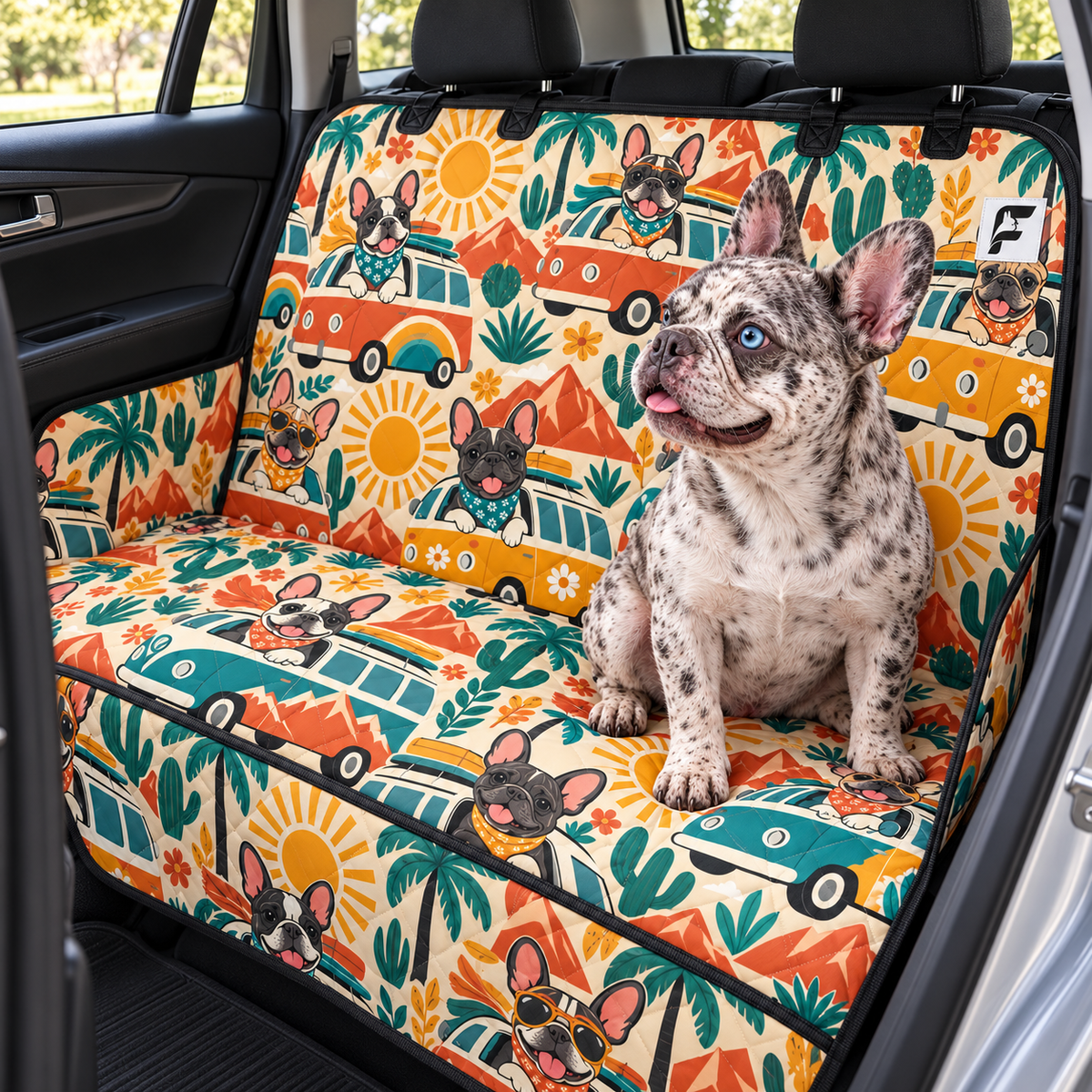 Retro Frenchie Road Trip patterned dog car seat cover with French Bulldog model on a rear bench