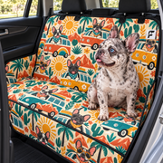 Retro Frenchie Road Trip patterned dog car seat cover with French Bulldog model on a rear bench