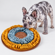Round French Bulldog Snuffle Mat & Snail Toy — Blue Orange Round Mat studio photo