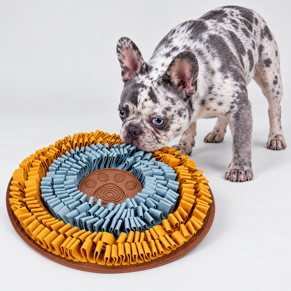 Round French Bulldog Snuffle Mat & Snail Toy — Blue Orange Round Mat studio photo