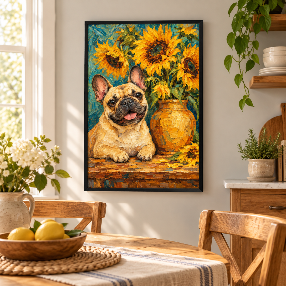 Sunflower Frenchie framed poster displayed on a cozy room wall