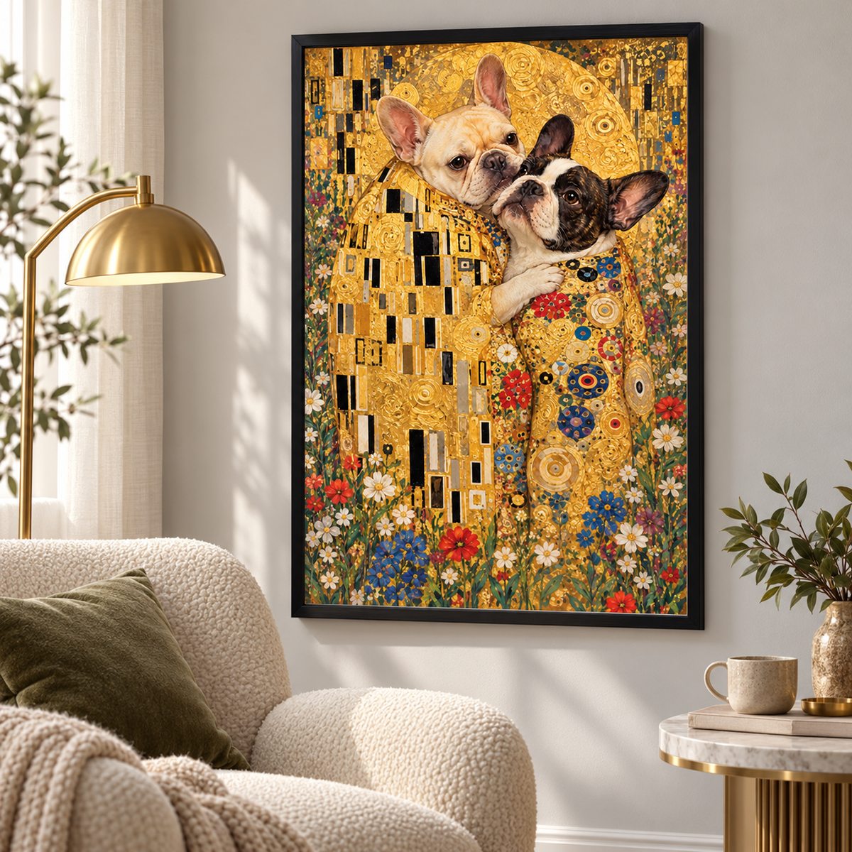 The Frenchie Kiss framed poster displayed on a cozy room wall