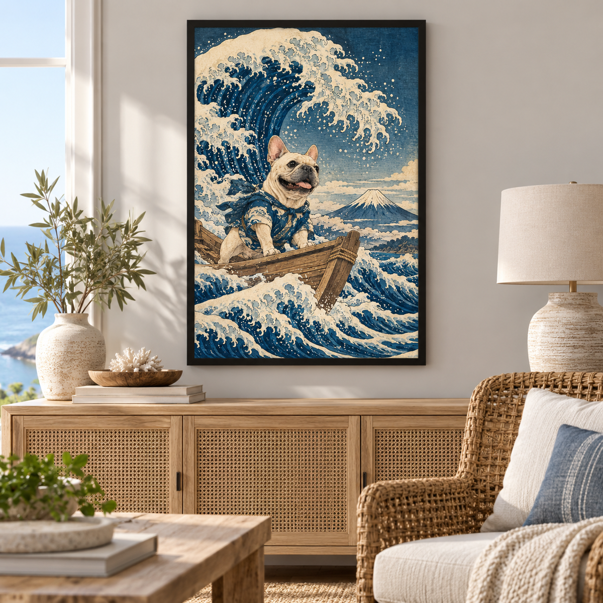 The Great Frenchie Wave framed poster displayed on a cozy room wall