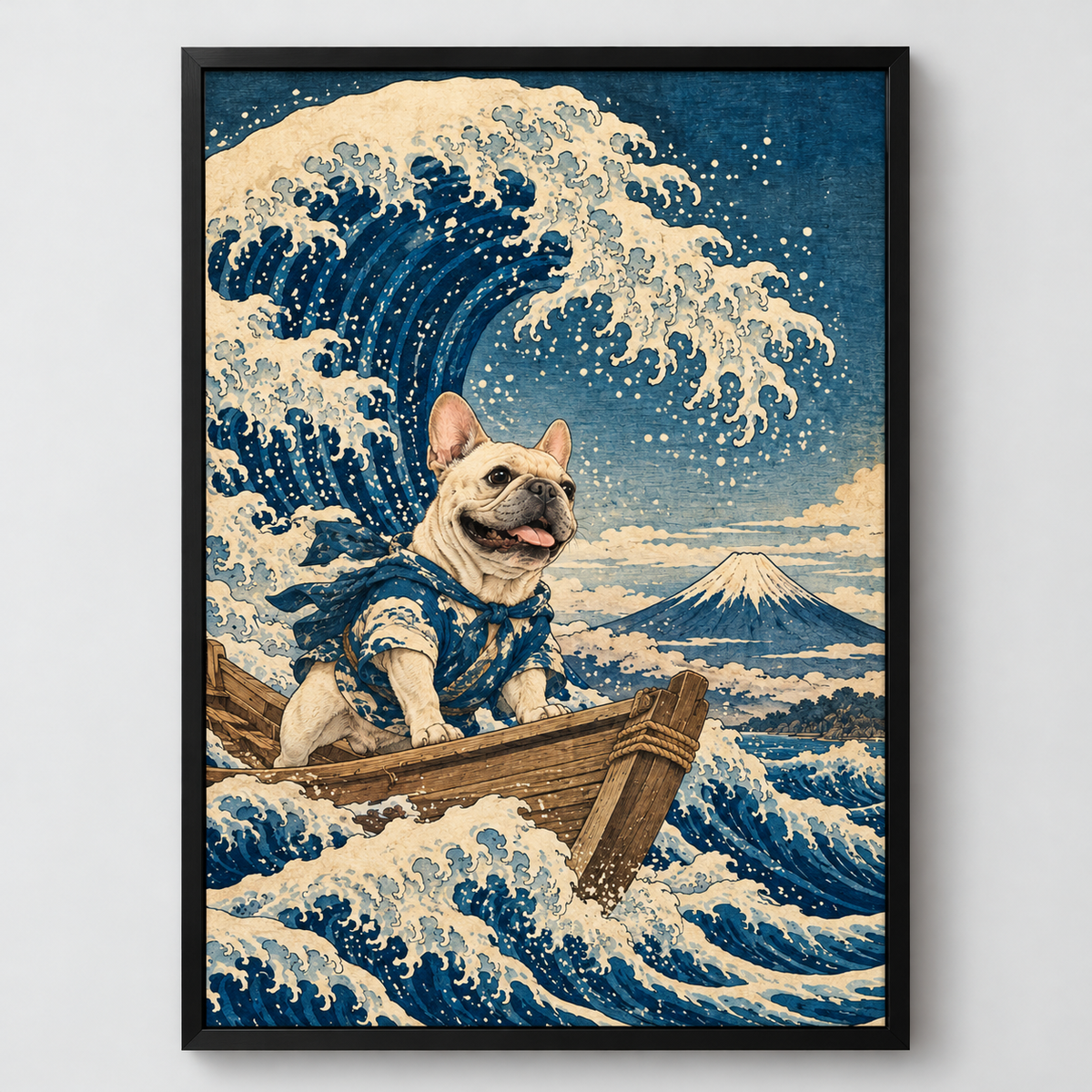 The Great Frenchie Wave French Bulldog framed wall art on a light gray background