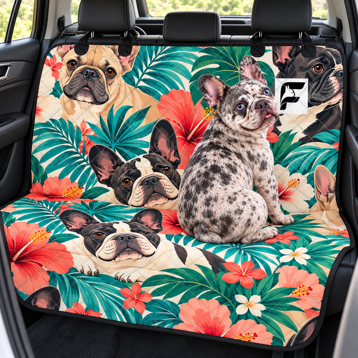 Tropical Frenchie Palms Frenchie-pattern car seat protector installed across rear bench with French Bulldog