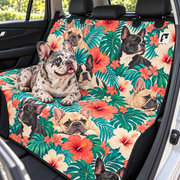 Tropical Frenchie Palms patterned dog car seat cover with French Bulldog model on a rear bench