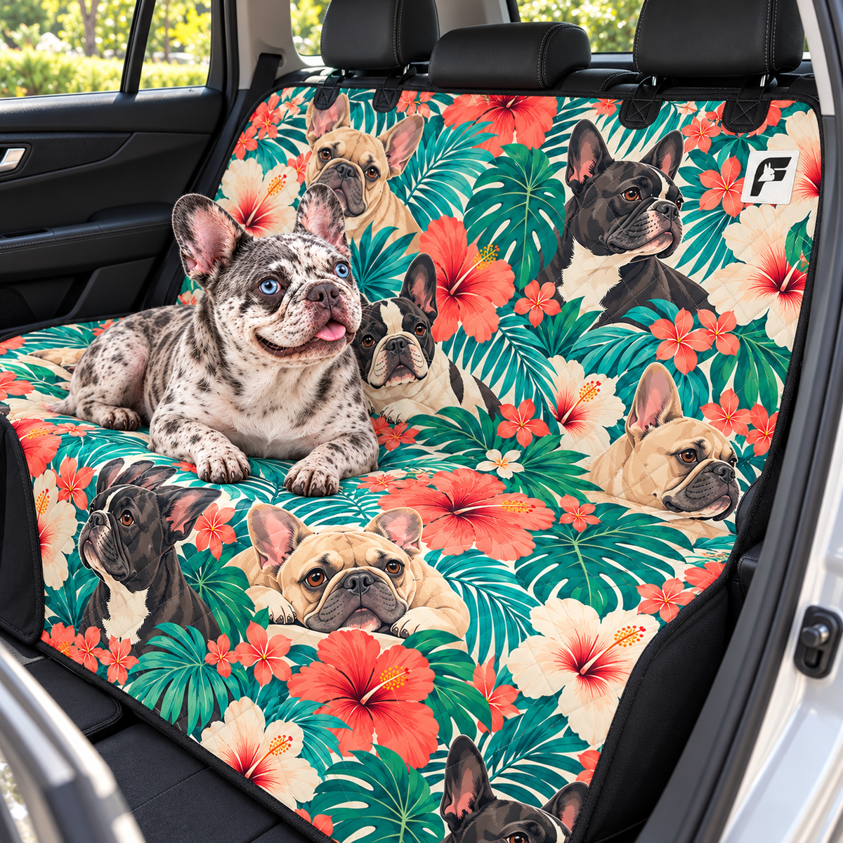 Tropical Frenchie Palms patterned dog car seat cover with French Bulldog model on a rear bench