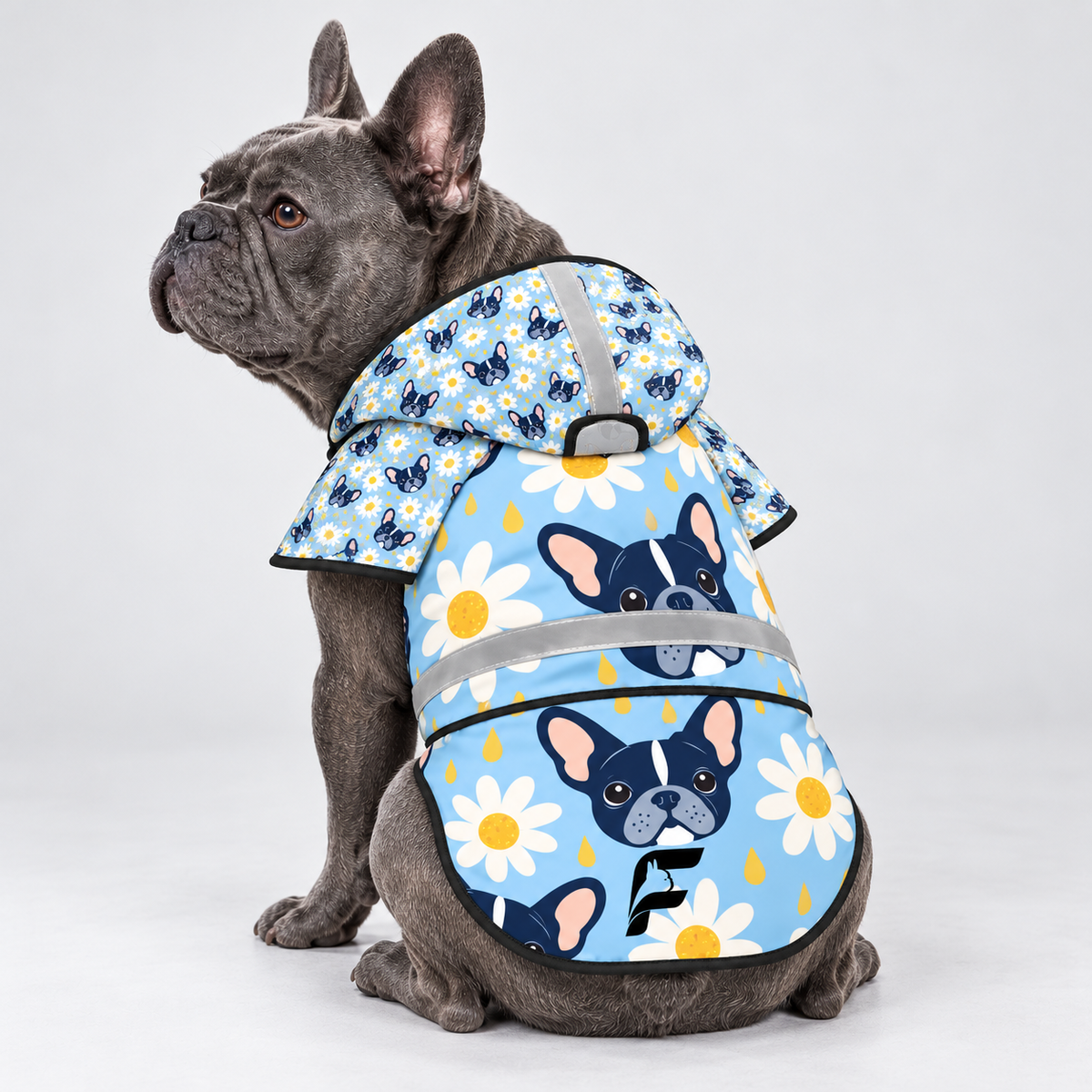 Daisy Drizzle raincoat on a seated French Bulldog