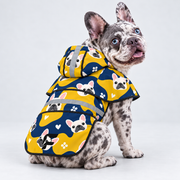 Sunshine Stroll French Bulldog raincoat on Frenchie model