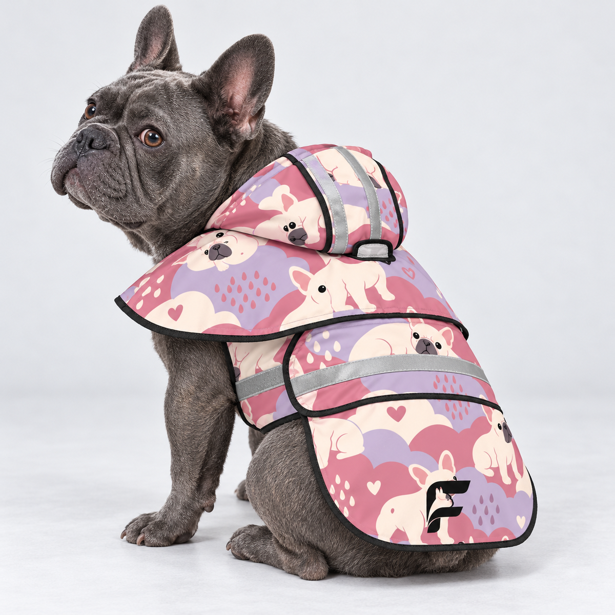 Rose Cloud French Bulldog raincoat on Frenchie model