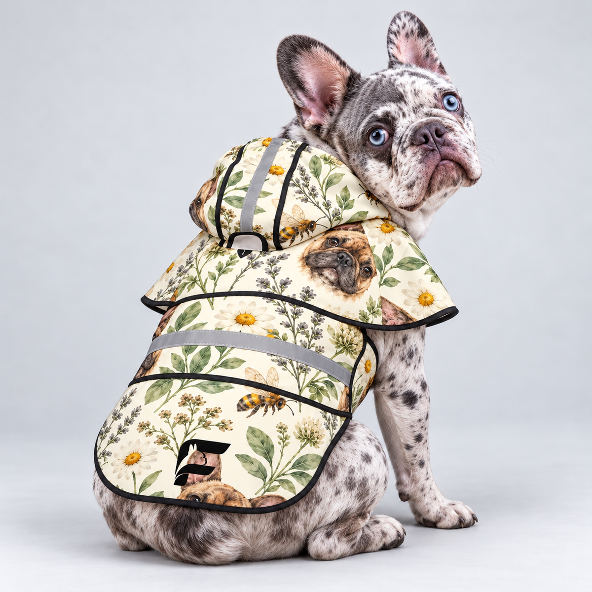 Bumble Frenchie French Bulldog raincoat on Frenchie model