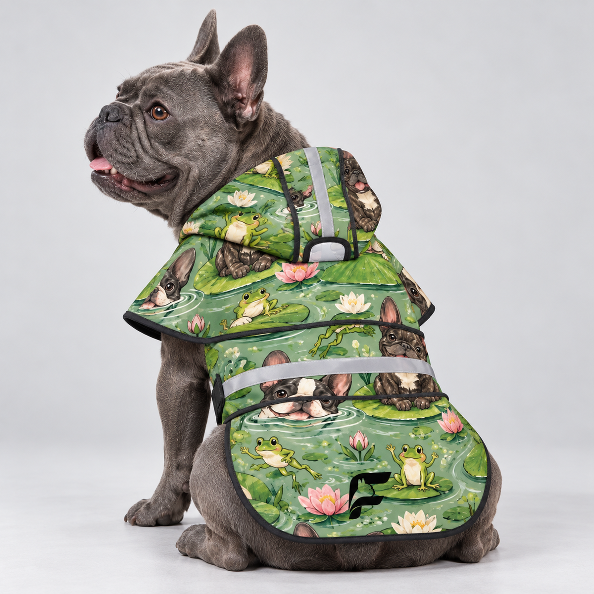 Pond Pals French Bulldog raincoat on Frenchie model
