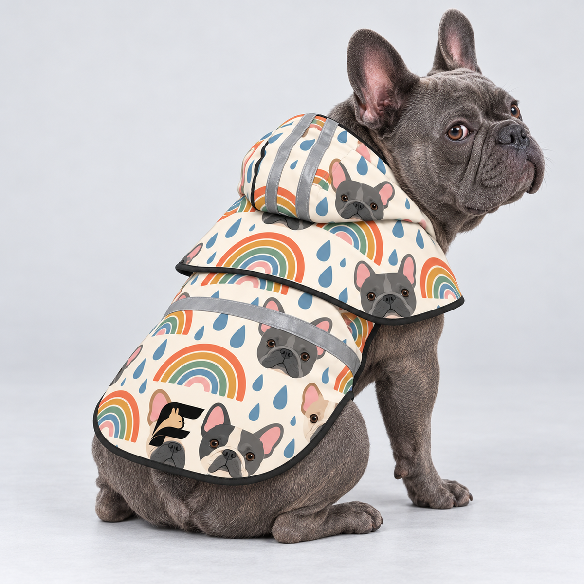 Rainbow Puddles French Bulldog raincoat on Frenchie model