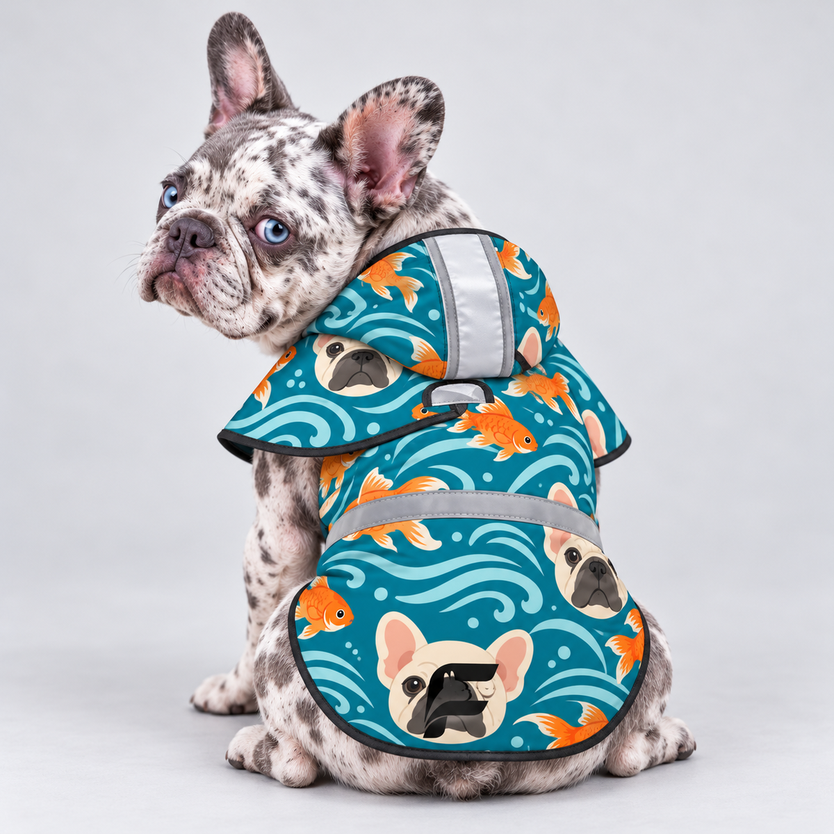 Ocean Friends French Bulldog raincoat on Frenchie model